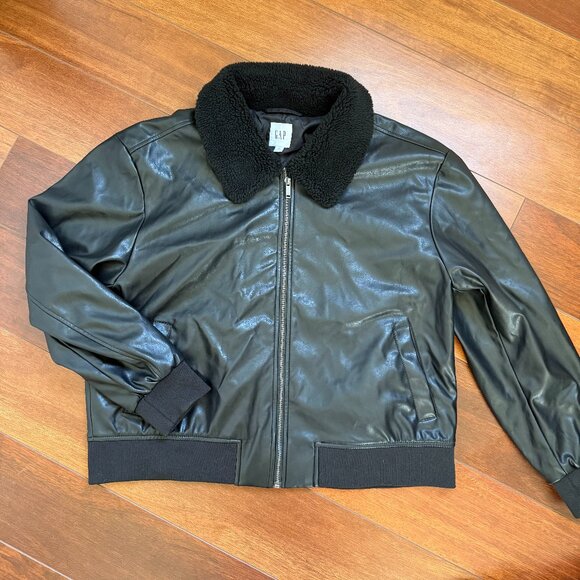 Gap Womens Vegan Leather Sherpa Collar Bomber Jacket Sz XL - Picture 1 of 9
